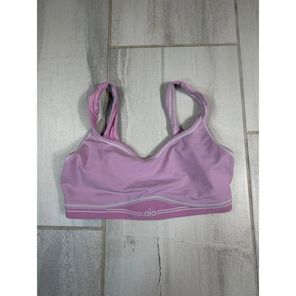 Alo Yoga Pink Heart Throb W9680R Scoop Neck Sports Bra with Contrast Trim Size M